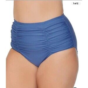 Raisins Curve Women 18W Plus Costa Ruched High-Waist Bikini Bottom Blue Swimsuit